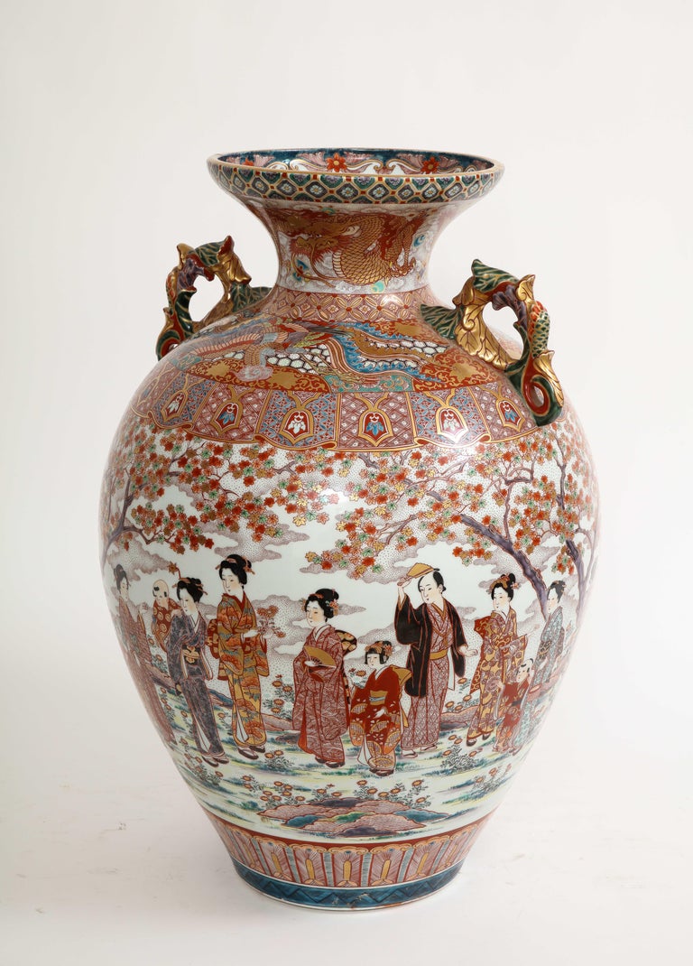 Early 20th Century Monumental Japanese Kutani Porcelain Vase, Meiji/Taisho Period, Signed For Sale