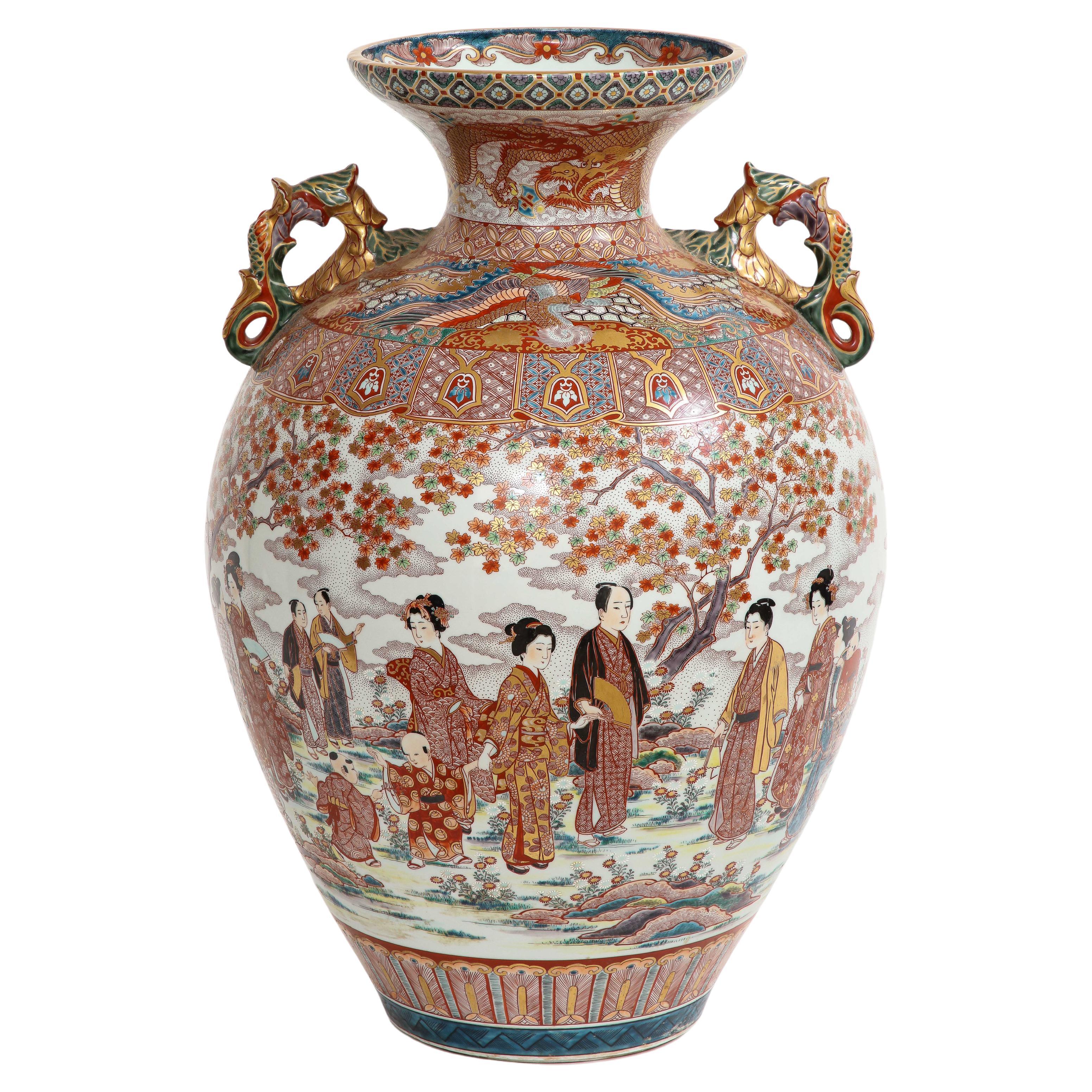 Monumental Japanese Kutani Porcelain Vase, Meiji/Taisho Period, Signed For Sale