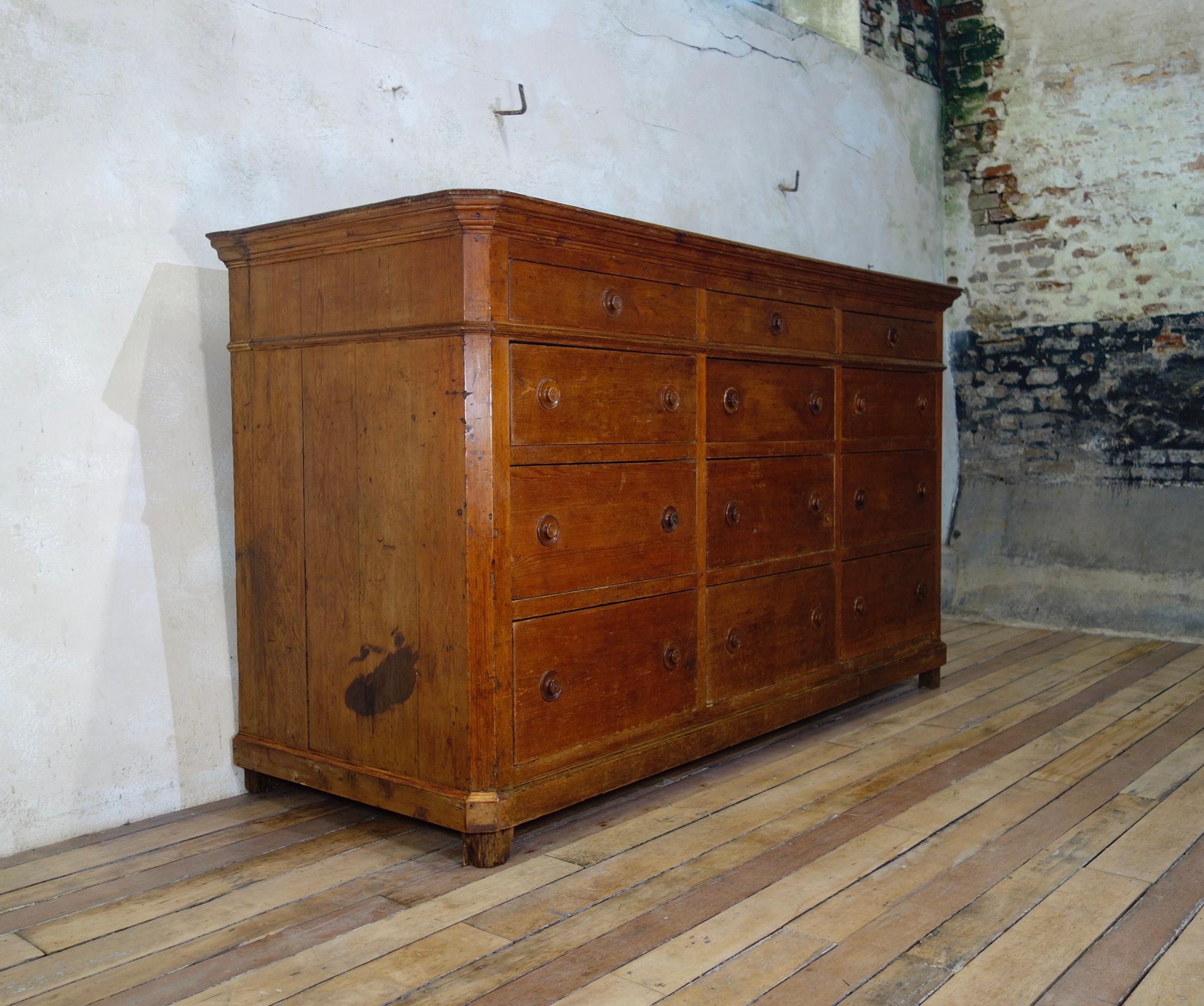 Pine Monumental Large 19th Century Italian Bank of Drawers, Sideboard Storage