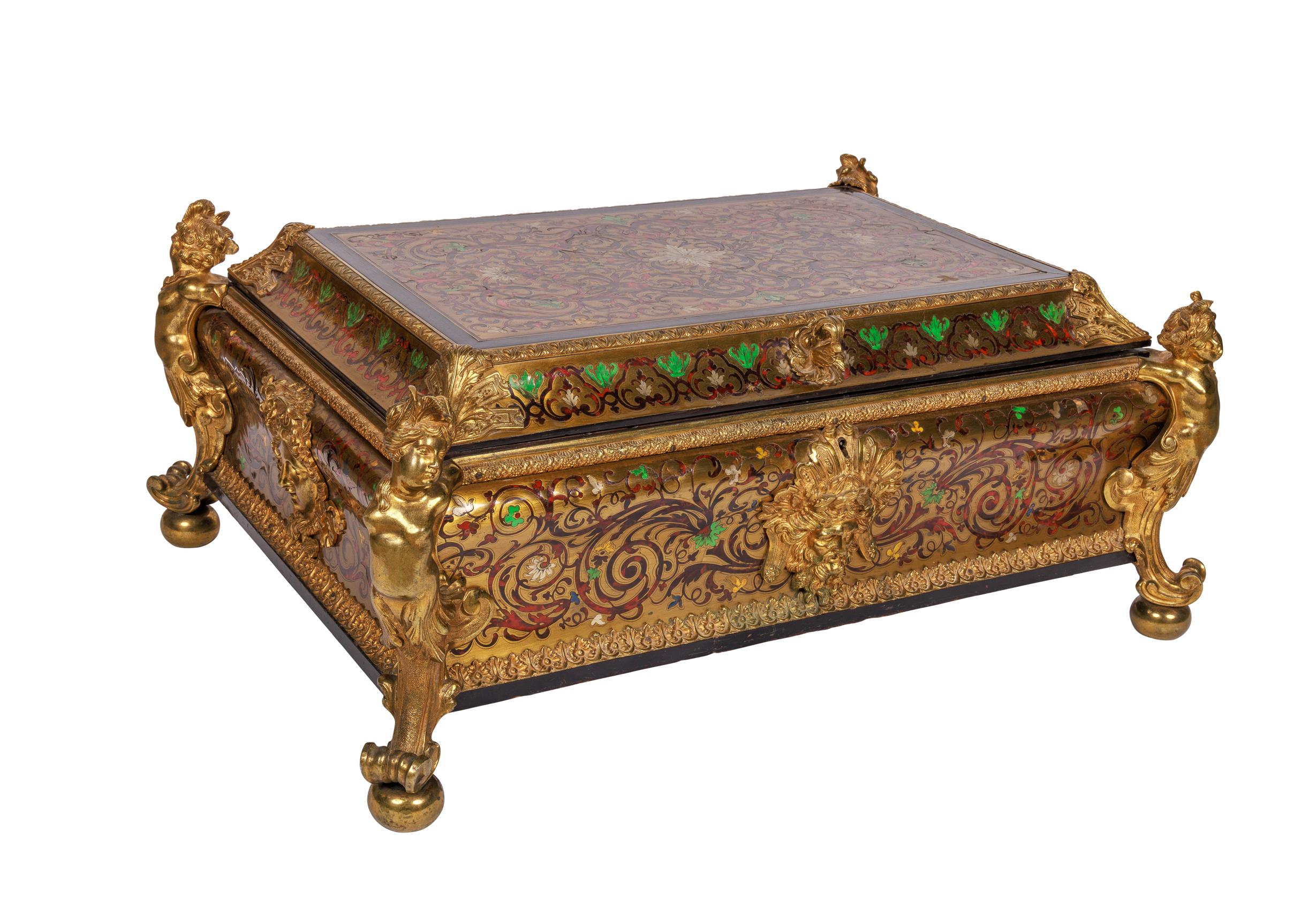 Brass Monumental Louis XIV Style Gilt-Bronze Mounted Boulle Marquetry Casket Box For Sale