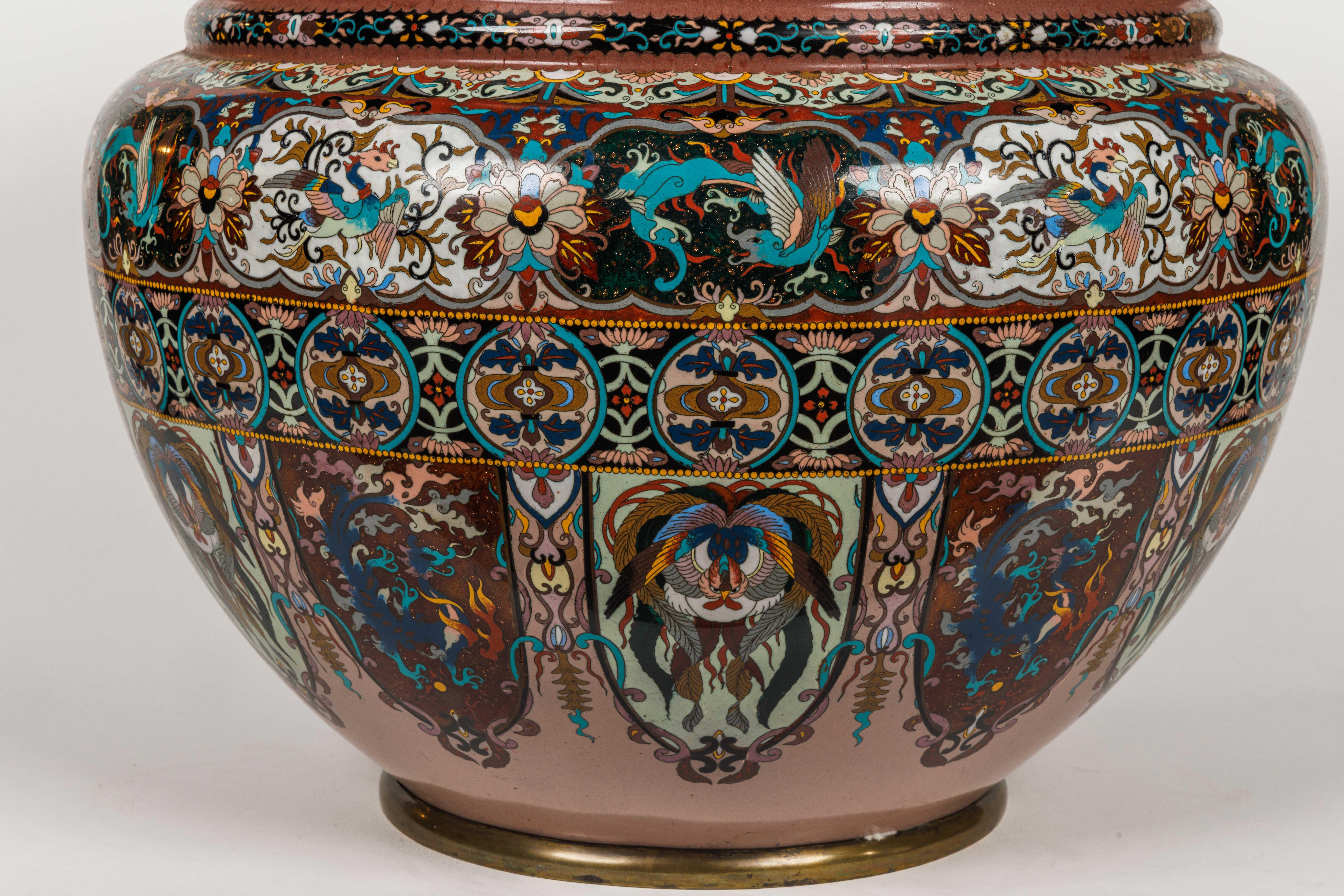 Monumental Meiji Period Japanese Cloisonne Enamel Jardiniere In Good Condition For Sale In New York, NY