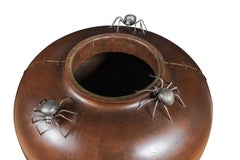 A Monumental Meiji Period Japanese Turned Wood Vase with Silver Spider Okimonos