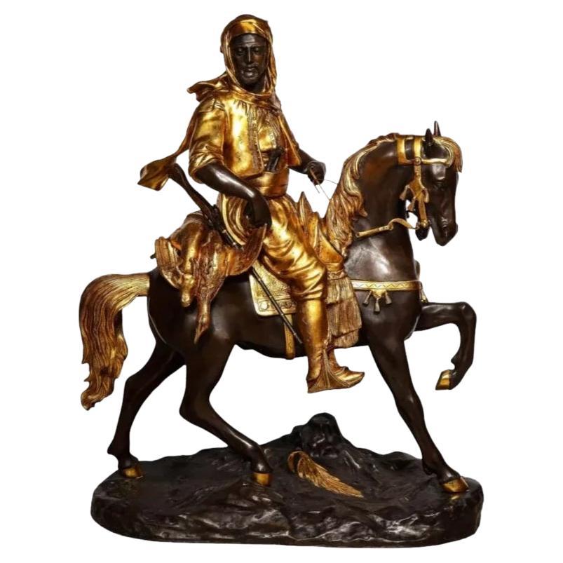 Sculpture monumentale orientaliste en bronze Cavalier Arabe d'après Emile Guillemin