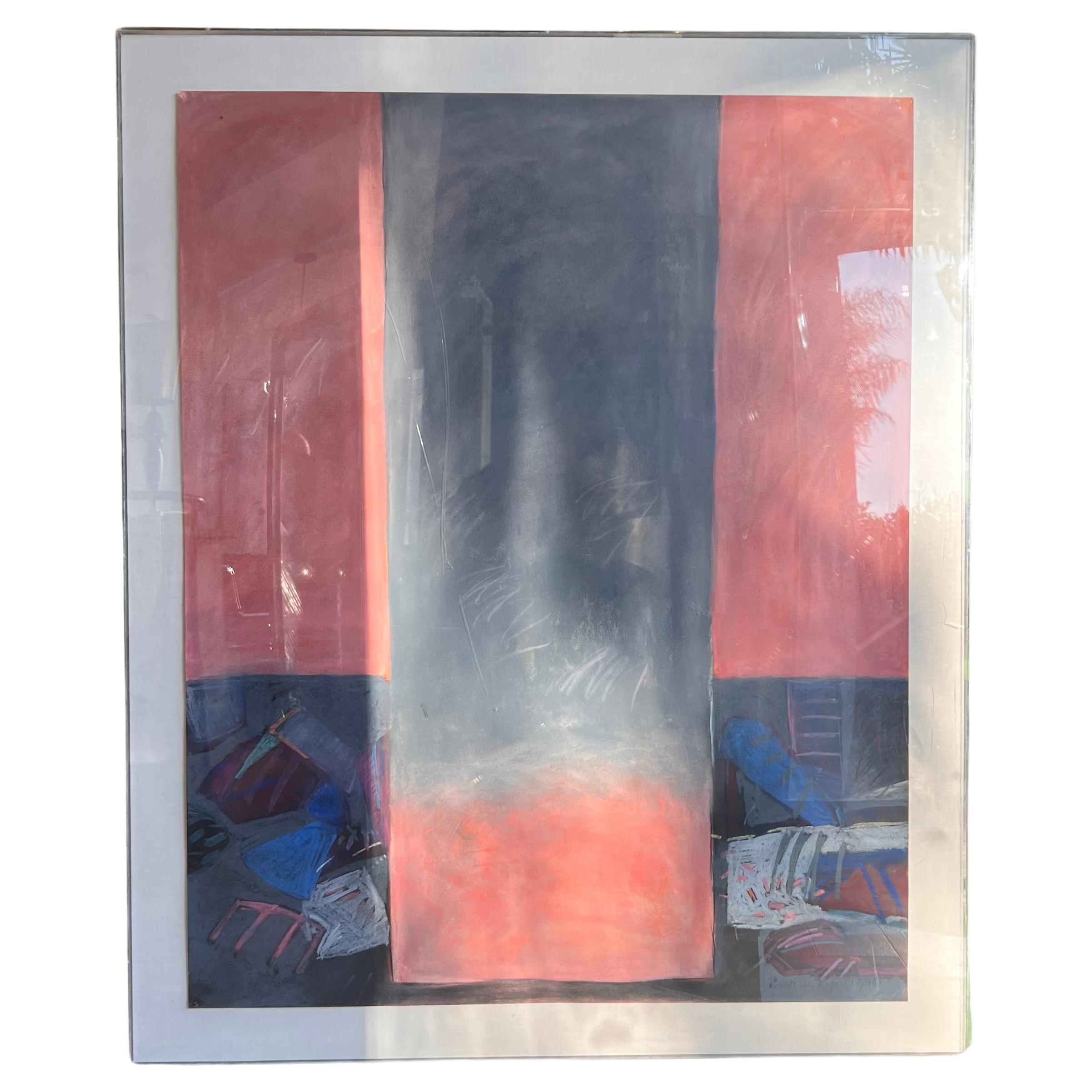 A large work on paper by Victoria Ryan, signed and dated lower right, 1985. Color pastel in tones of peony and cobalt and framed in a large lucite box which exhibits some - albeit minor - signs of age to the surface. Overall fabulous condition. Pick