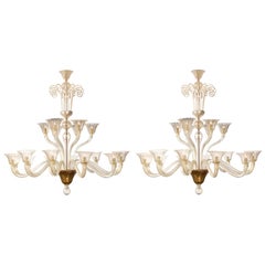 Monumental Pair of 18-Light Murano Glass Chandeliers