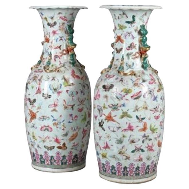 A Monumental Pair of Cantonese Famille Rose ‘Butterfly’ Vases For Sale