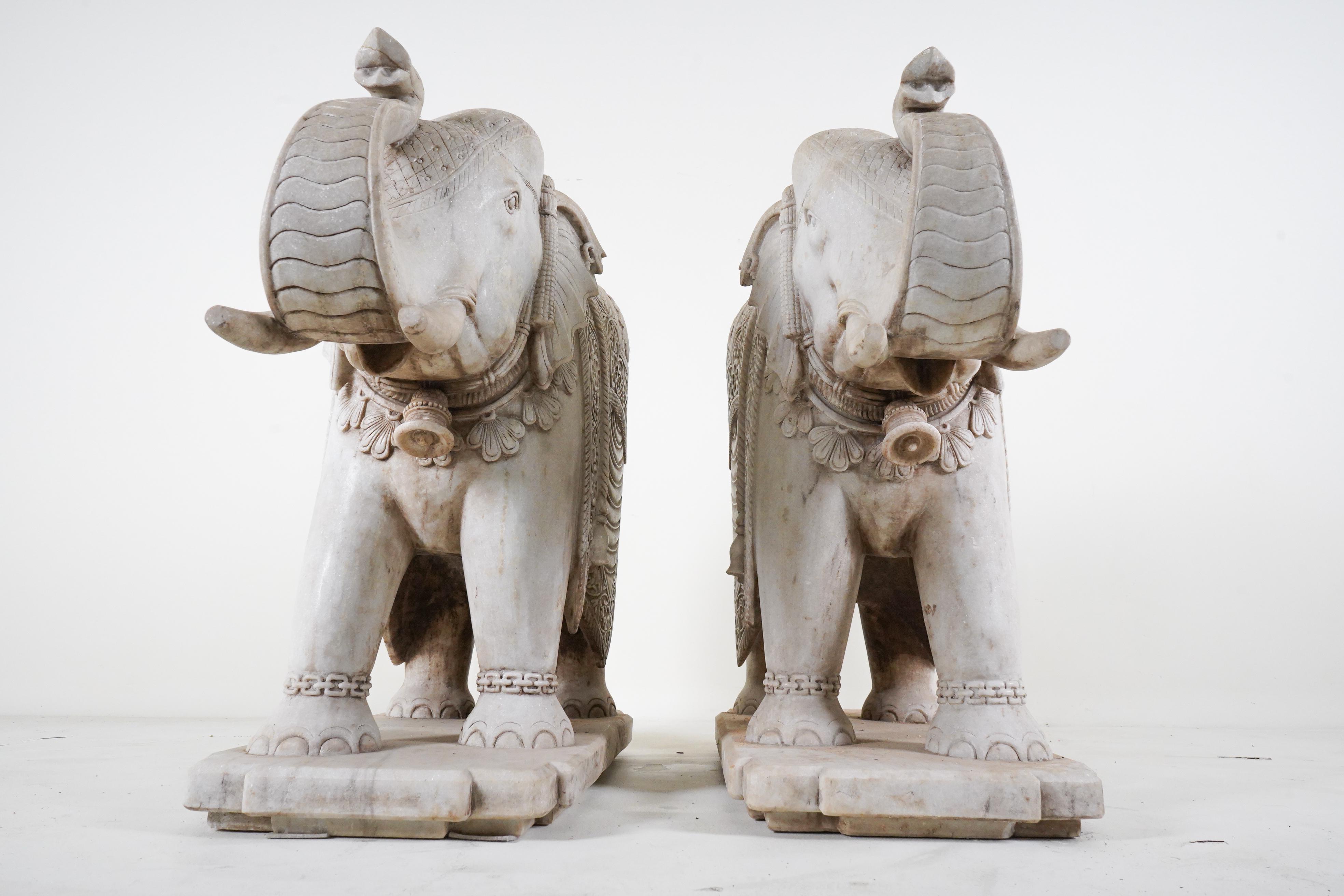 Hand-Carved A Monumental Pair of  Carved Marble Elephants  For Sale