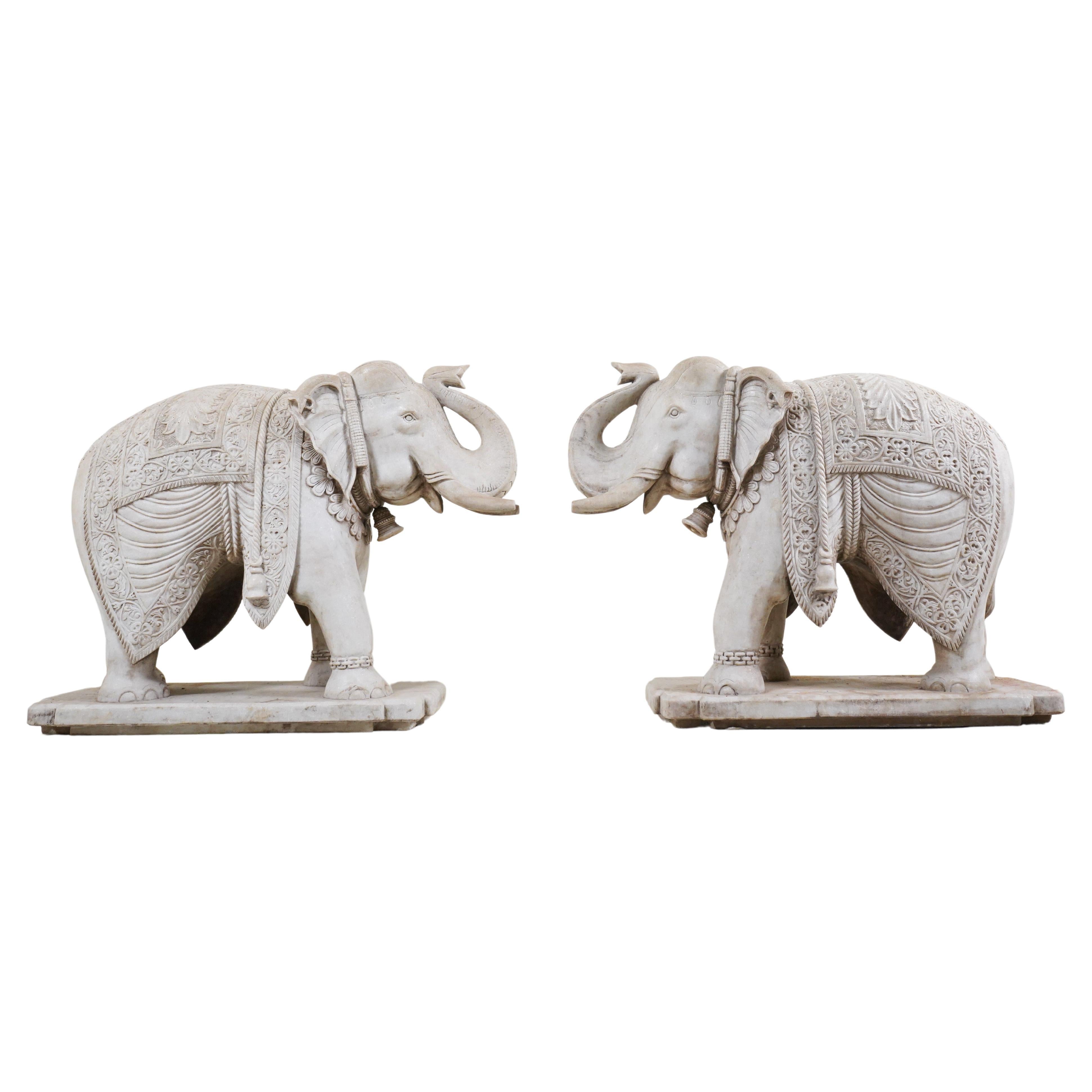 A Monumental Pair of  Carved Marble Elephants  For Sale