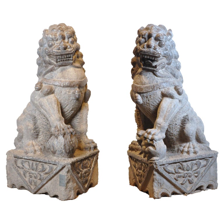 Monumental Pair of Carved Stone Fu Dogs at 1stDibs