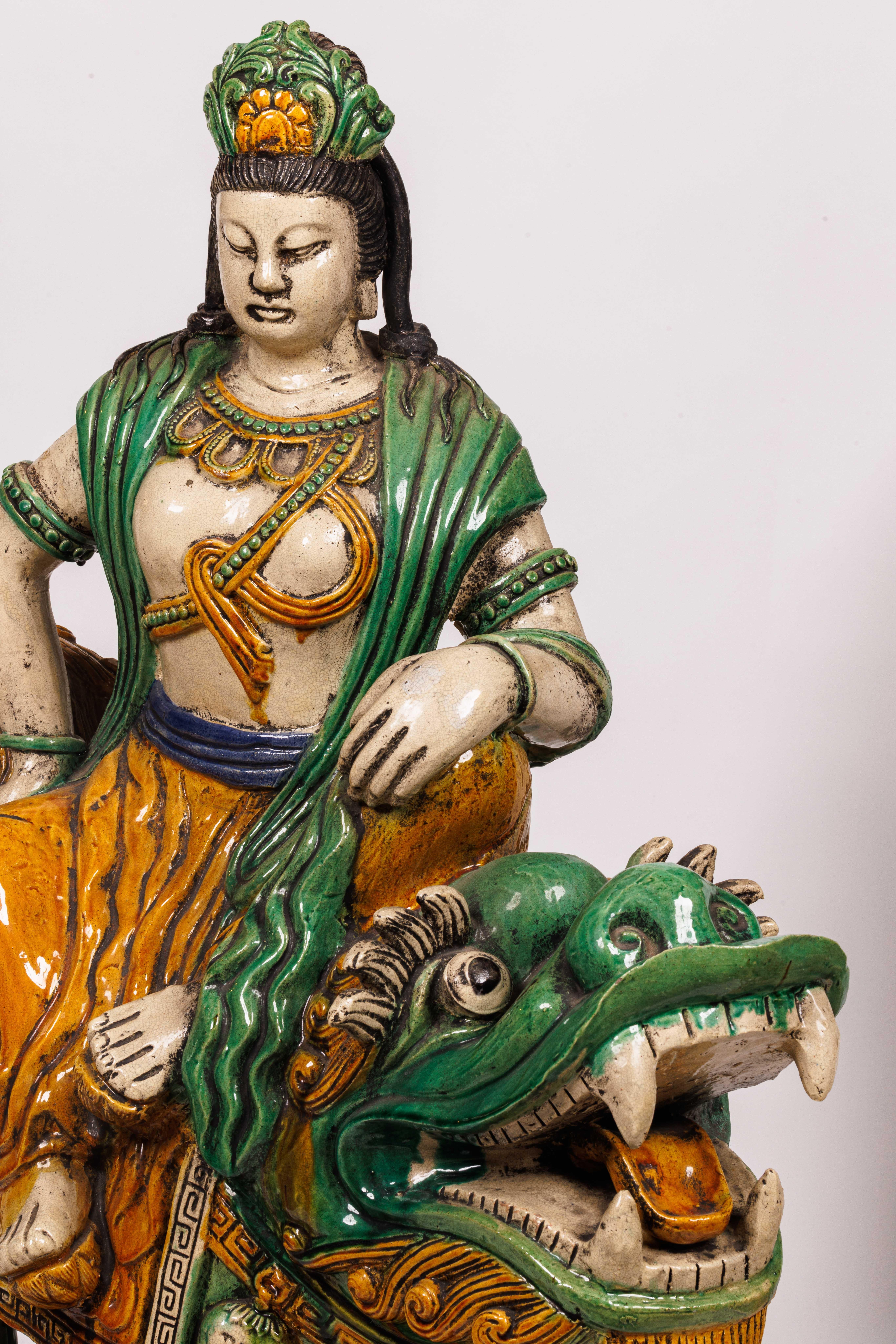 Monumental Pair of Chinese Sancai Glazed Pottery Figures of Guan Yin and Lion For Sale 10