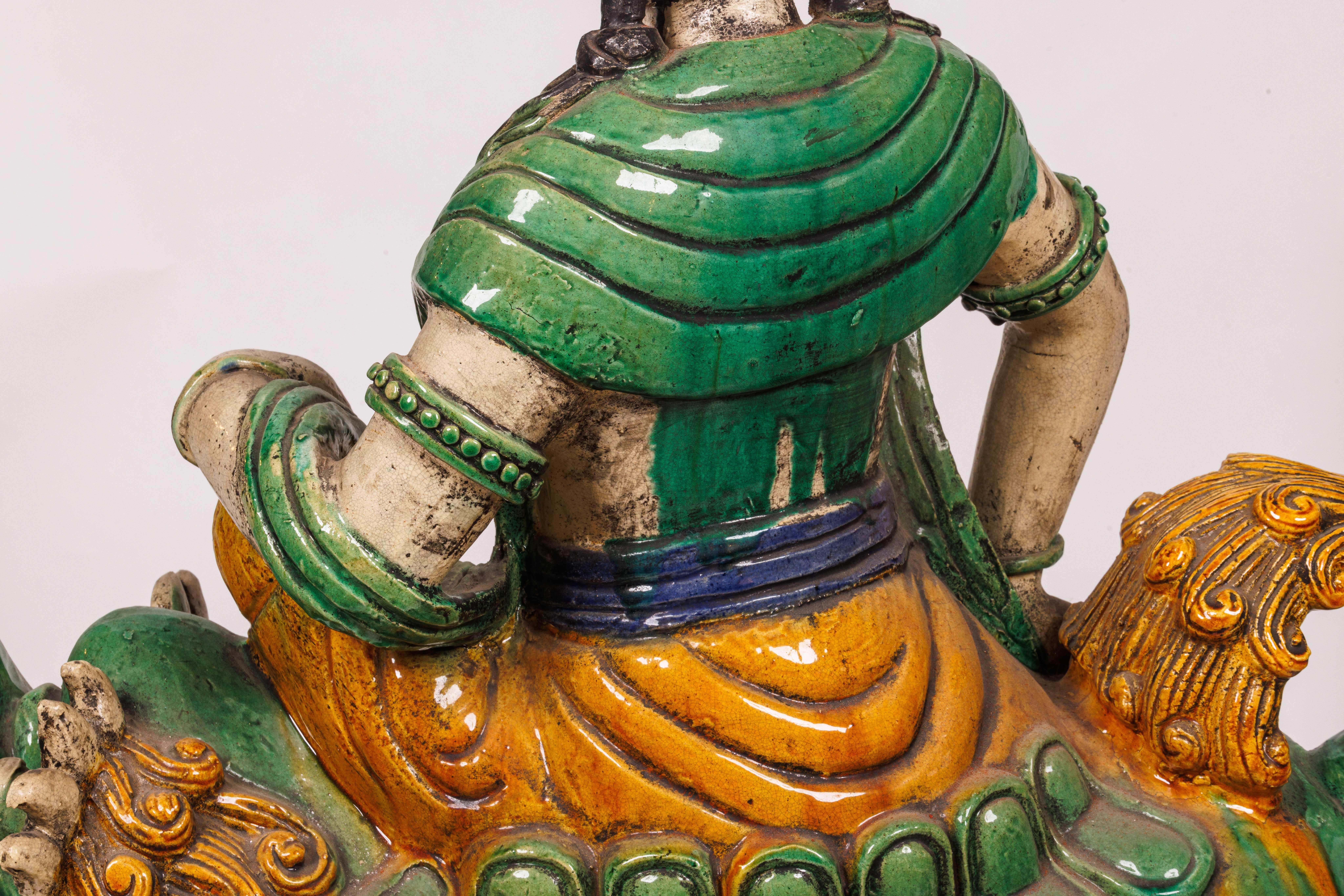 Monumental Pair of Chinese Sancai Glazed Pottery Figures of Guan Yin and Lion For Sale 15