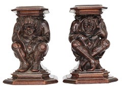 Monumental Pair of English Carved Walnut Wood Figures of Court Jesters, 18th C