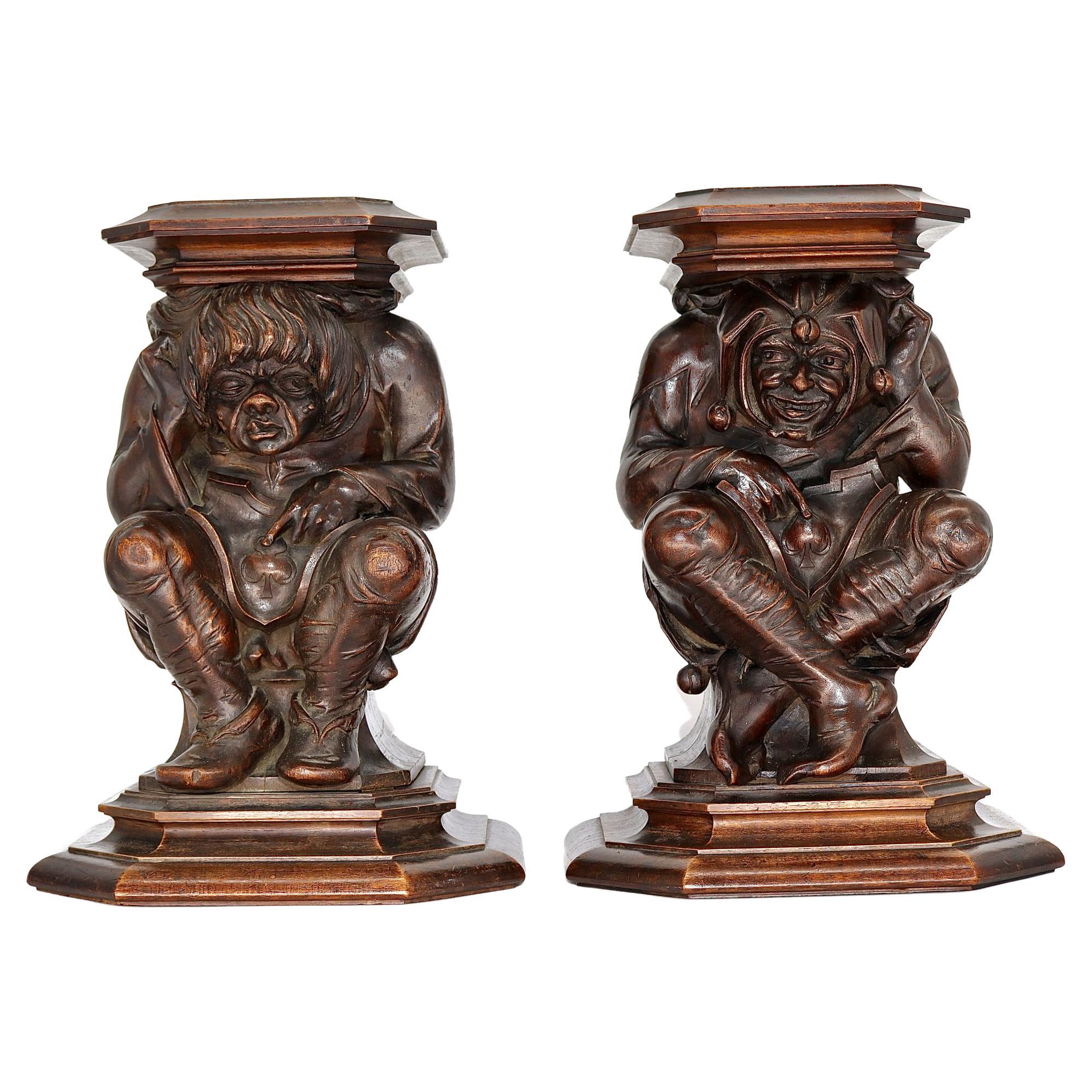 Monumental Pair of English Carved Walnut Wood Figures of Court Jesters, 18th C For Sale