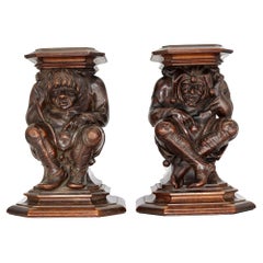 Monumental Pair of English Carved Walnut Wood Figures of Court Jesters, 18th C