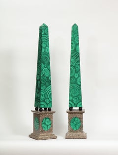 Monumental Pair of Faux Malachite Painted Obelisks