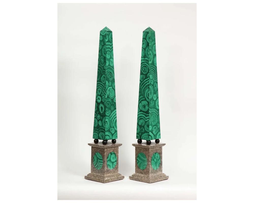 Italian A Monumental Pair of Faux Malachite Painted Obelisks