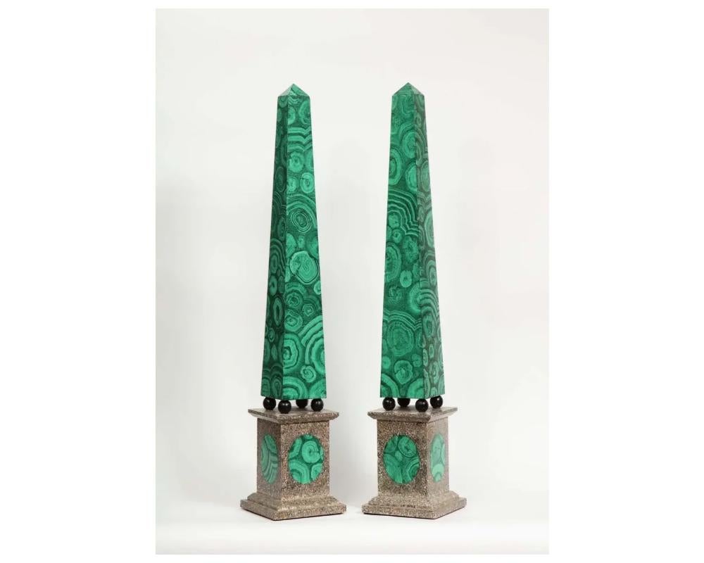 A Monumental Pair of Faux Malachite Painted Obelisks 1