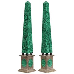 Monumental Pair of Faux Malachite Painted Obelisks