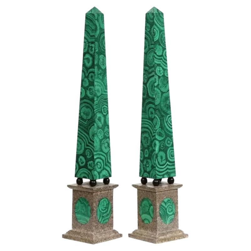 A Monumental Pair of Faux Malachite Painted Obelisks