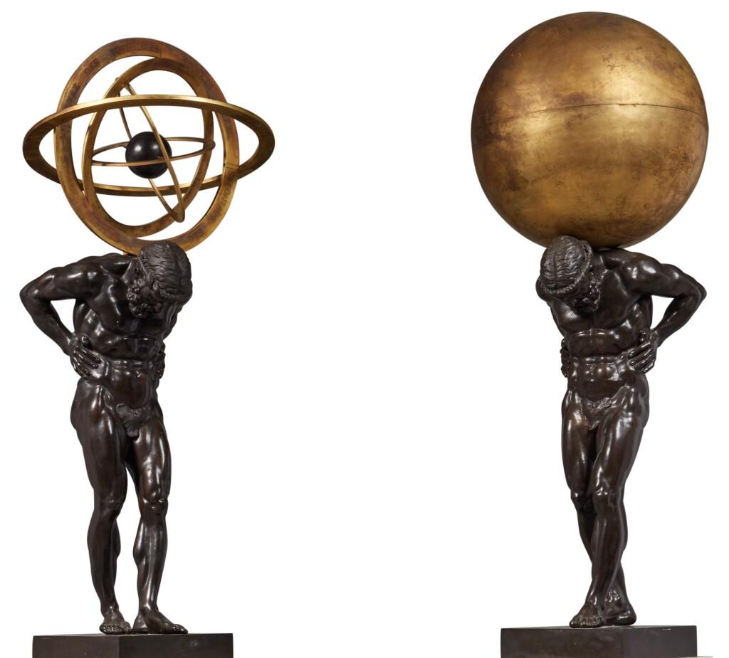 A Monumental Pair of Gilt and Patinated Bronze Atlas Figures sculptures, After the Antique, 20th Century.

One supporting a terrestrial globe and the other supporting a celestial armillary sphere, standing with their heads lowered, hands to their