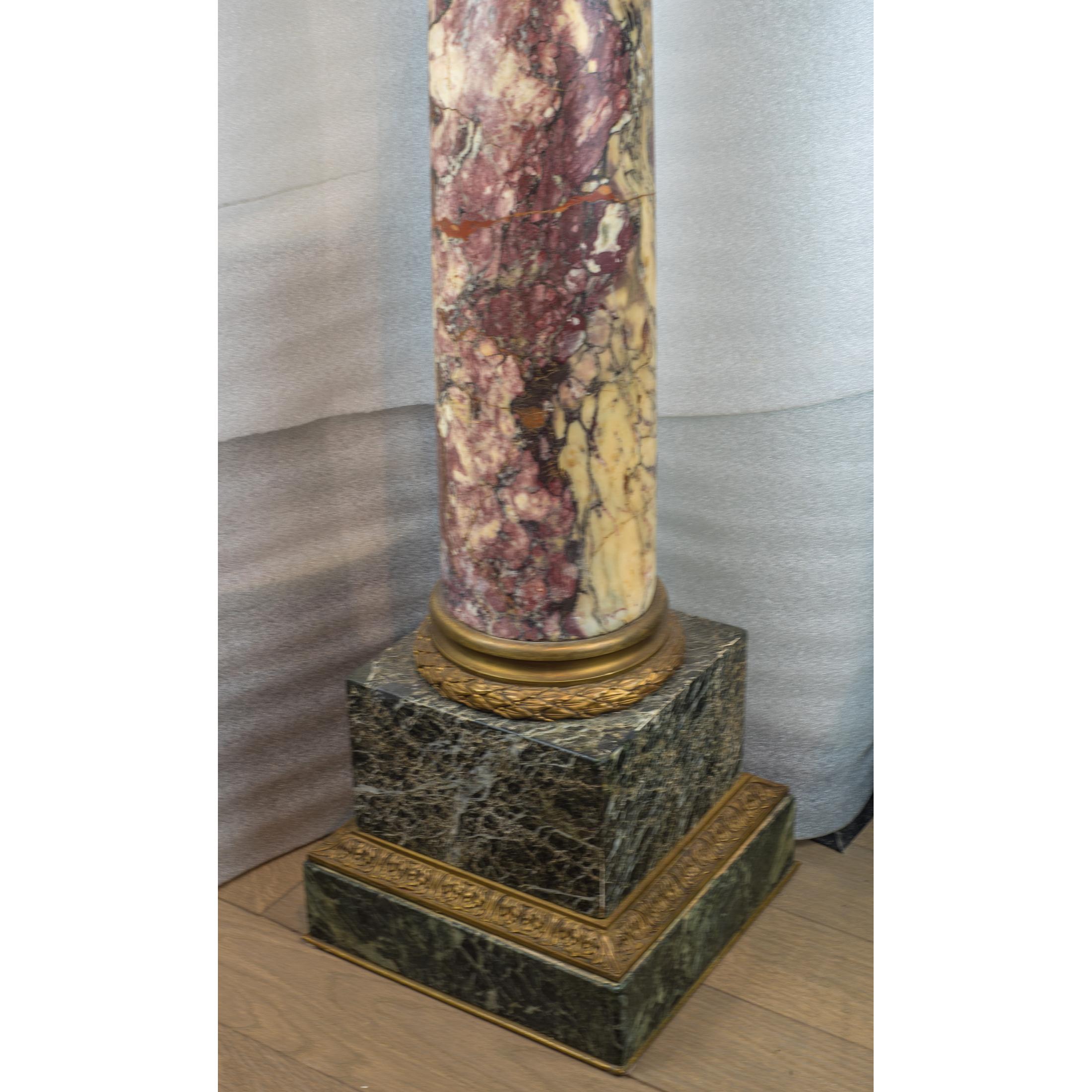 19th Century Monumental Pair of Gilt Bronze Mounted Marble Pedestal For Sale