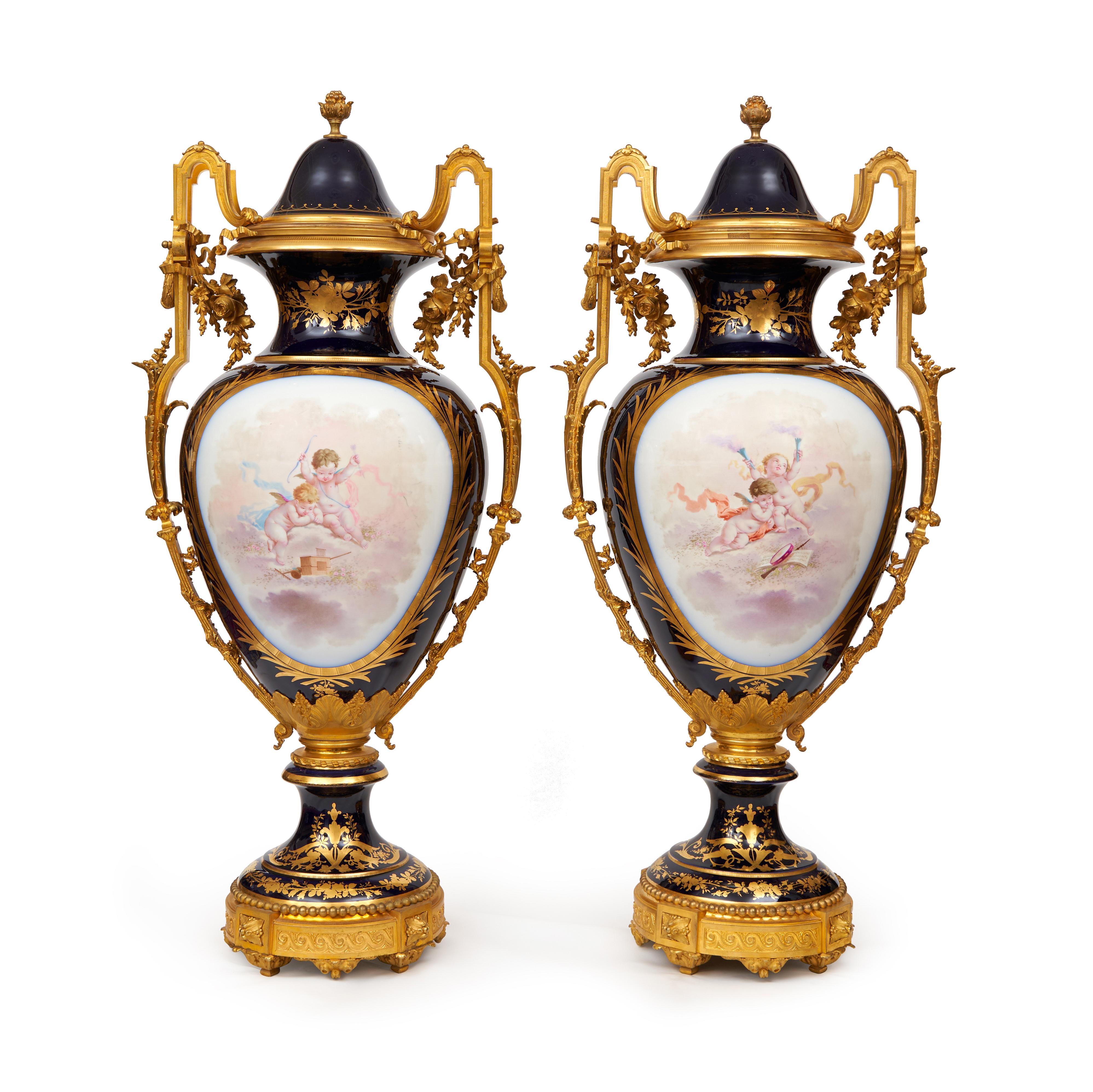 French A Monumental Pair Of Late 19th/Early 20th Century Sevres Style Porcelain And Orm For Sale