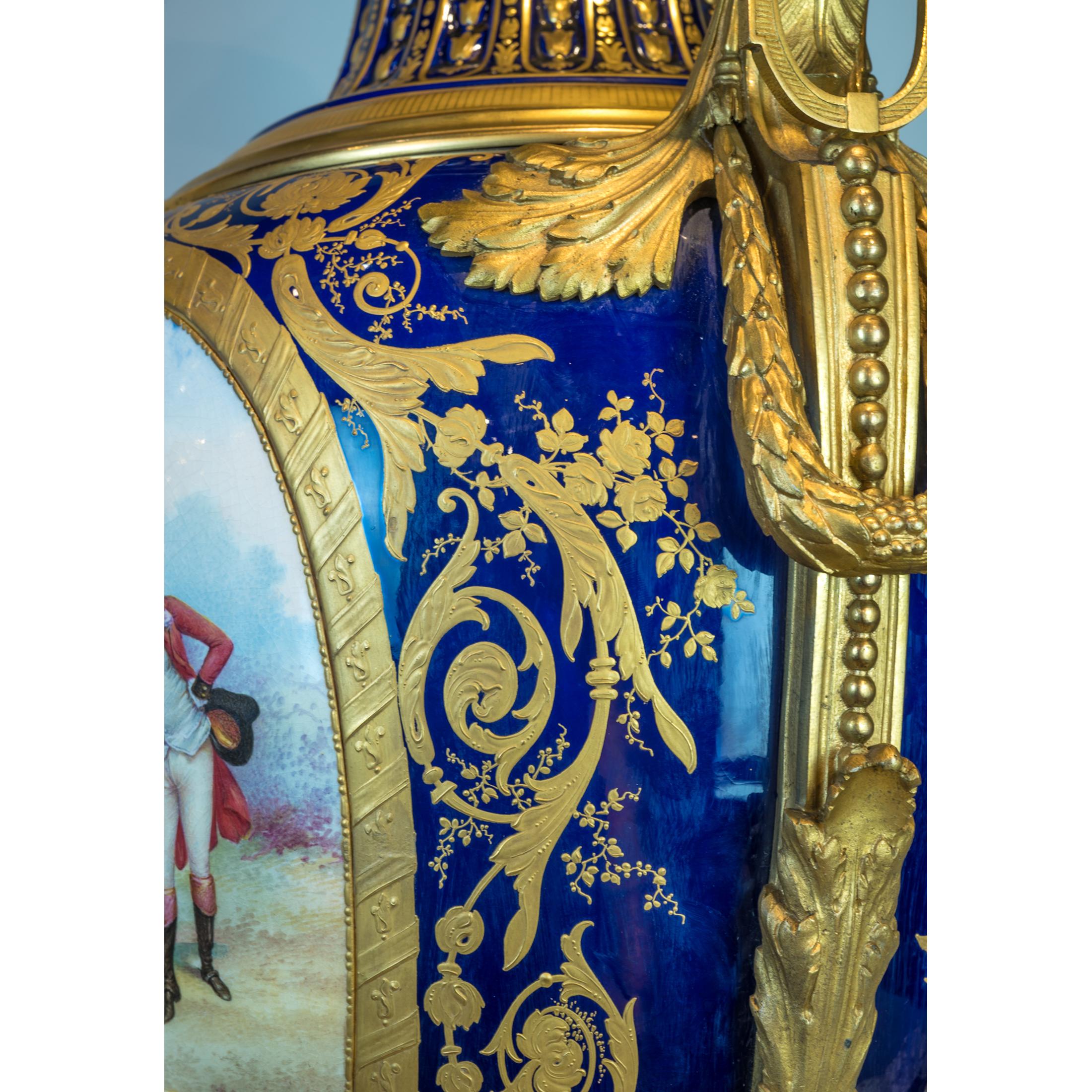 Gilt Monumental Pair of Magnificent Ormolu Mounted Sèvres Porcelain Vases For Sale