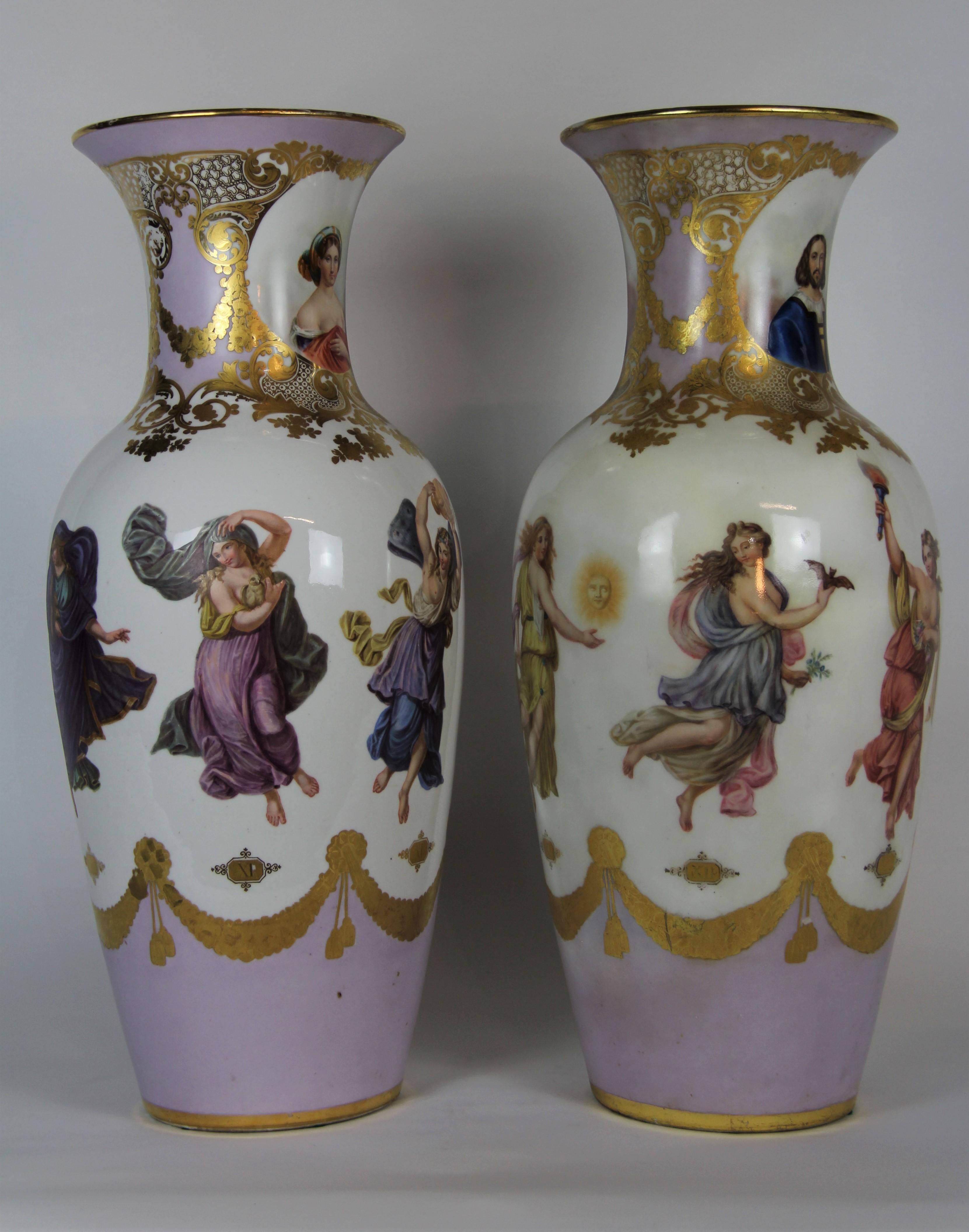 A monumental and unique pair of 19th century old Paris porcelain vases with hand-painted dancing figures of Angles. Each vase is beautifully hand-painted in pink and white ground with gorgeous dancing figures of angles and goddesses. Each figure is