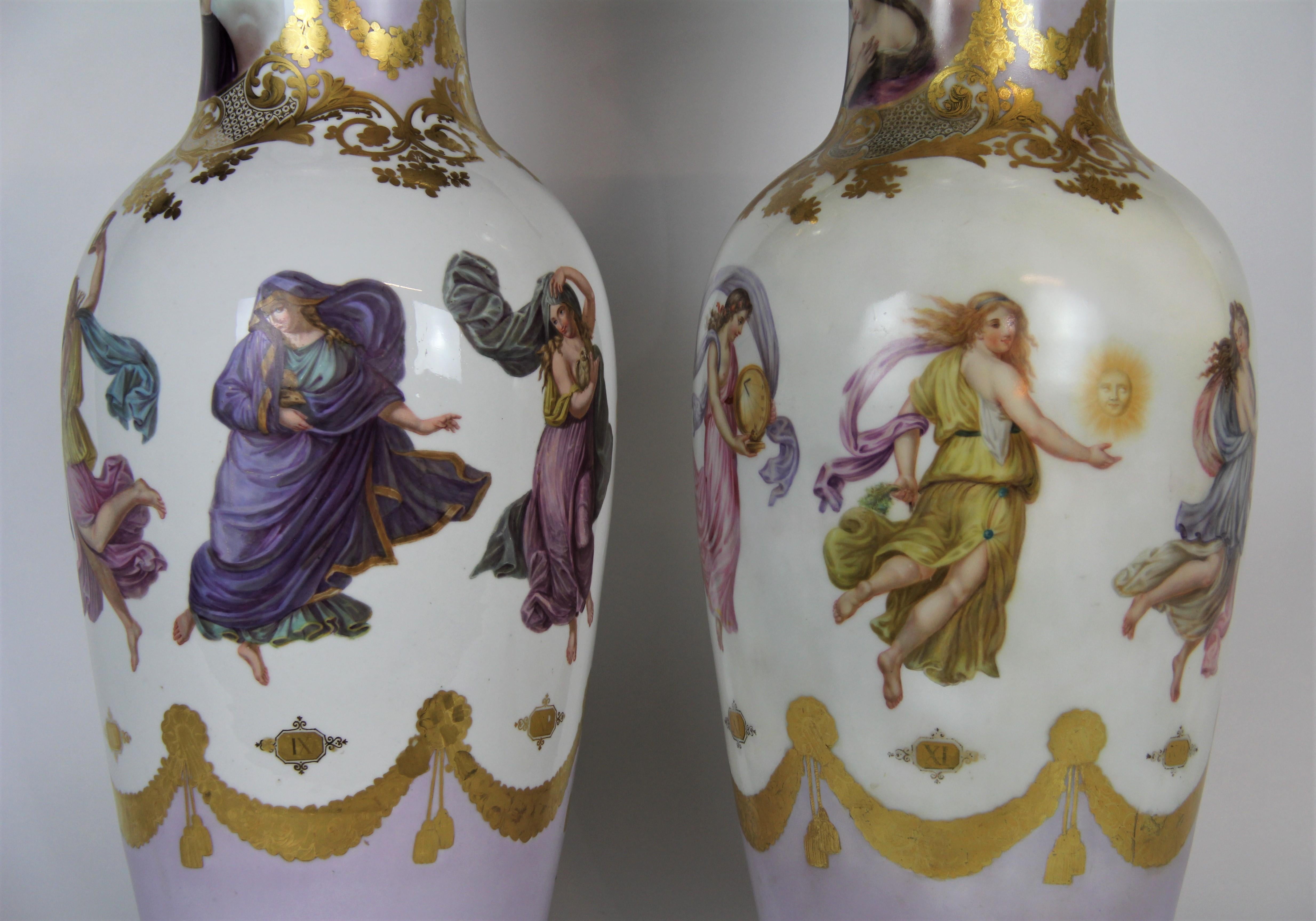French Monumental Pair of Old Paris Porcelain Vases with Dancing Figures of Angles For Sale
