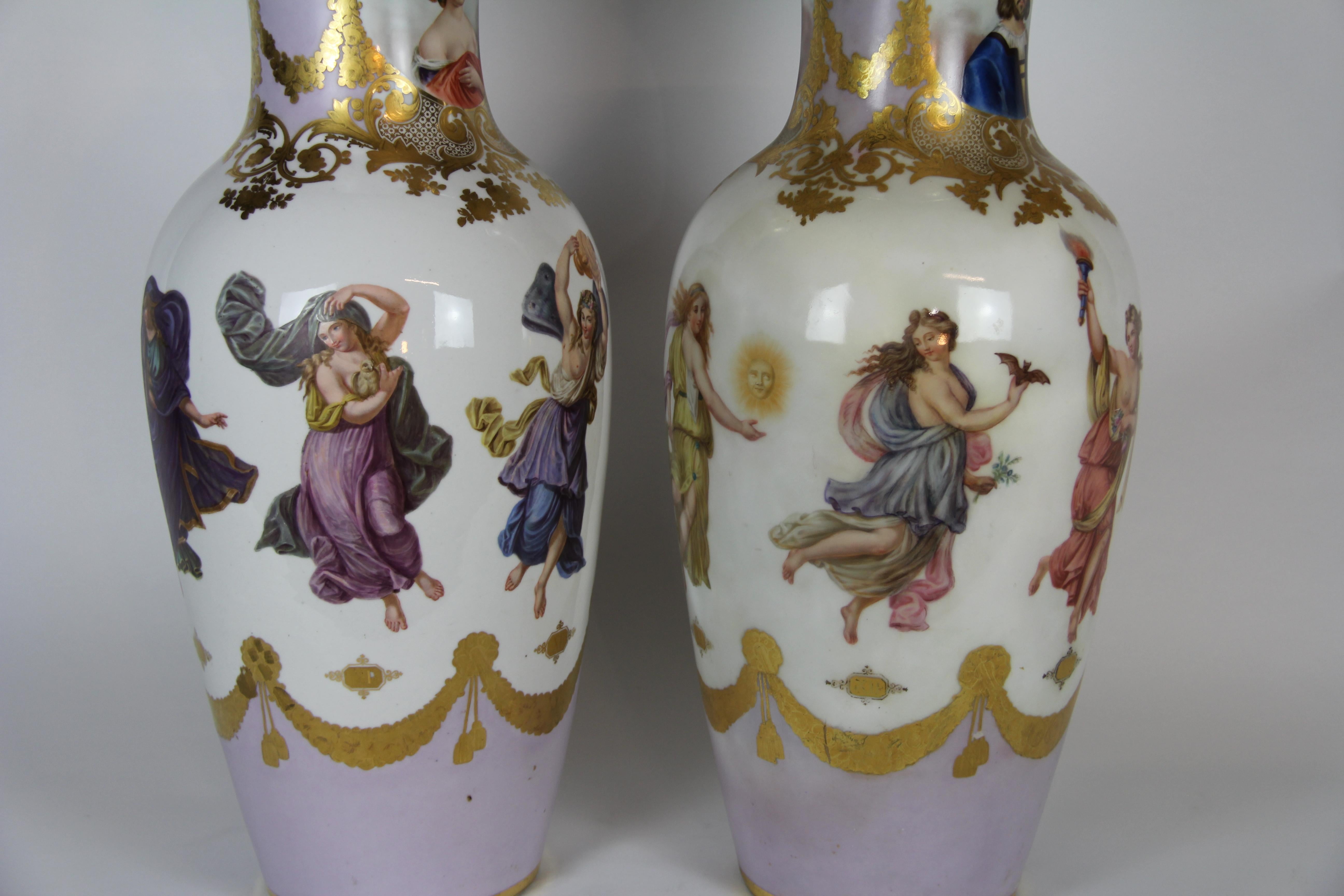 Hand-Painted Monumental Pair of Old Paris Porcelain Vases with Dancing Figures of Angles For Sale