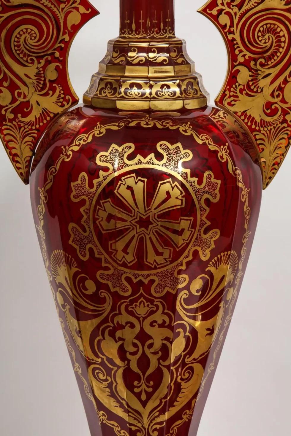 20th Century A monumental pair of ruby red gilt Bohemian 