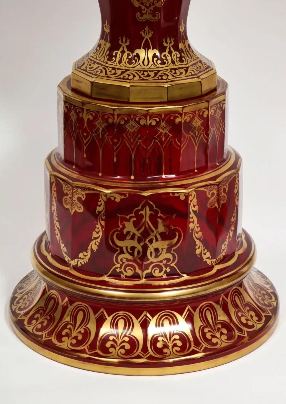 Cut Glass A monumental pair of ruby red gilt Bohemian 