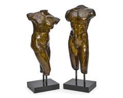A Monumental Pair Patinated Bronze Torsos Torso Nude Figures after the Antique