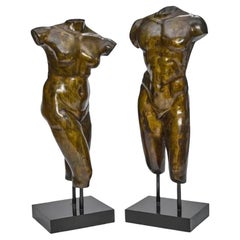 A Monumental Pair Patinated Bronze Torsos Torso Nude Figures after the Antique