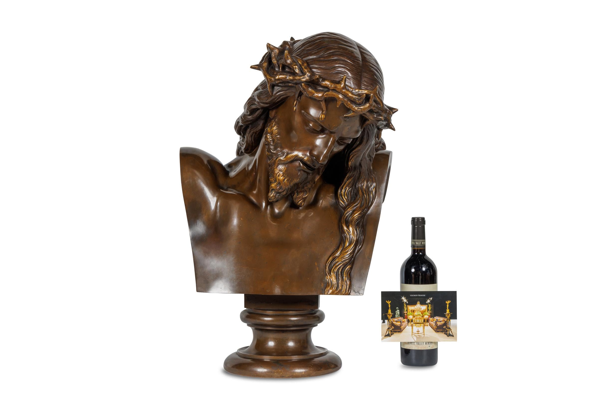 Monumentale und wirklich außergewöhnliche französische Bronzebüste von Jesus Christus, patiniert, um 1858, signiert J. Clesinger, Rom 1858 & F. Barbedienne Fondeur

Diese monumentale und außergewöhnliche französische Bronzebüste von Jesus Christus,