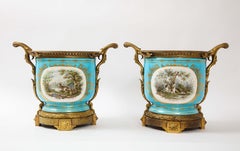 Monumental Pair of 19th Century French Sèvres Celeste Blue Porcelain Cachepots
