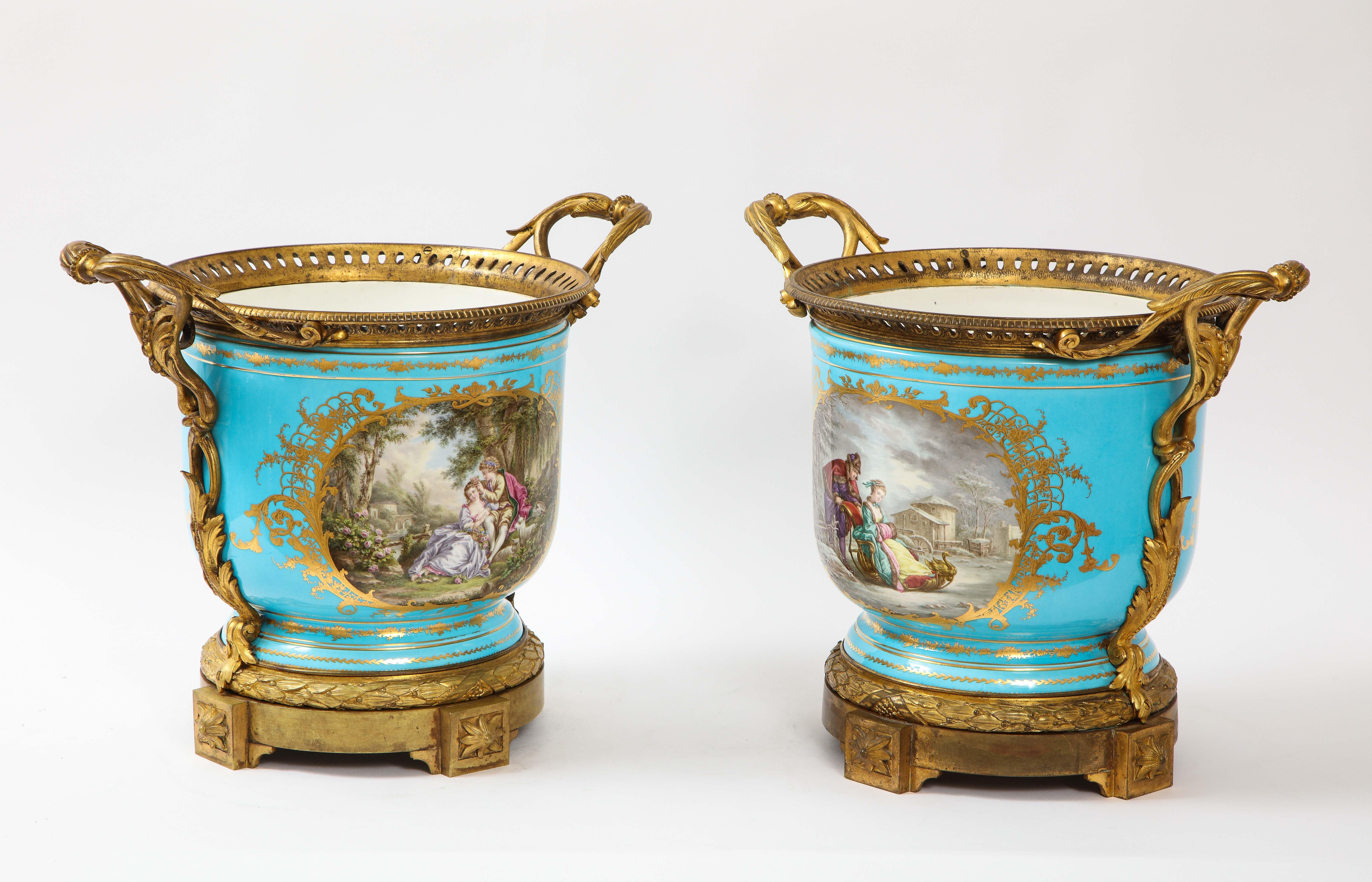 Louis XVI Monumental Pair of 19th Century French Sèvres Celeste Blue Porcelain Cachepots For Sale