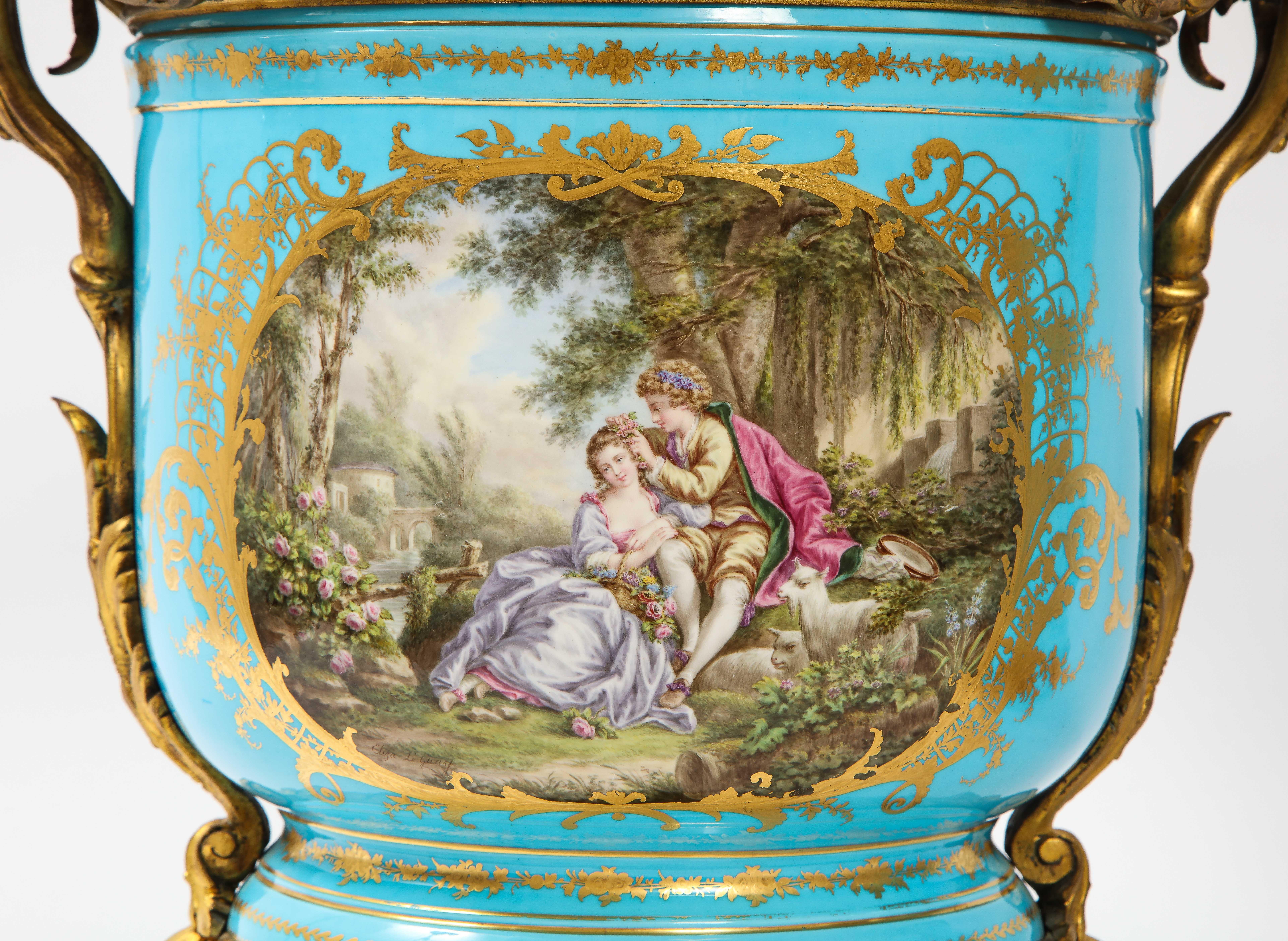 Mid-19th Century Monumental Pair of 19th Century French Sèvres Celeste Blue Porcelain Cachepots For Sale
