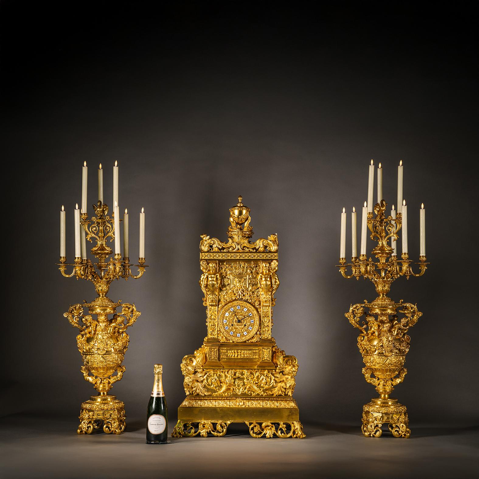 A Monumental Renaissance Revival Clock Garniture, Attributed to Feuchère For Sale 6