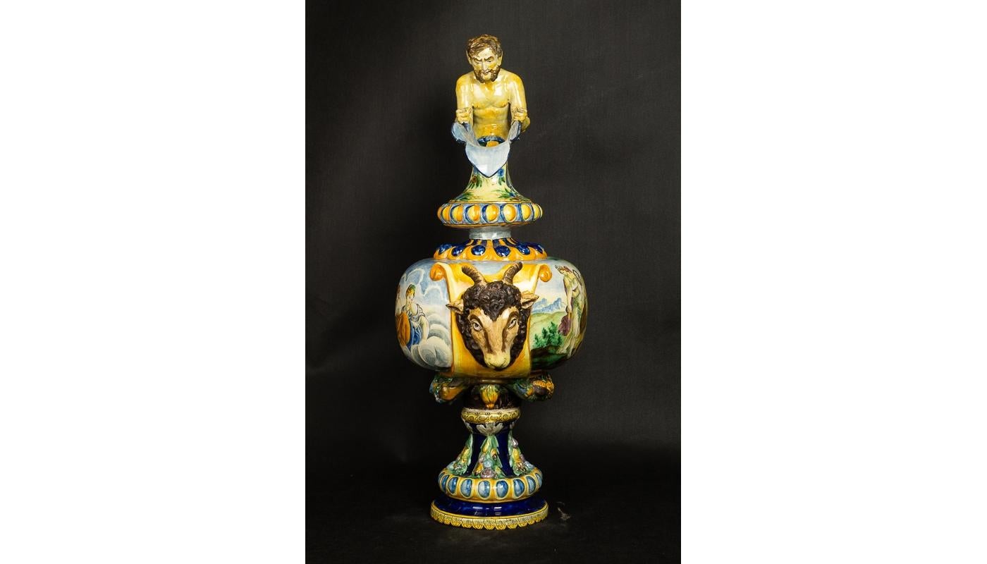 Italian Monumental Renaissance Revival Vase Majolica Italy 19th Century Hand Painted