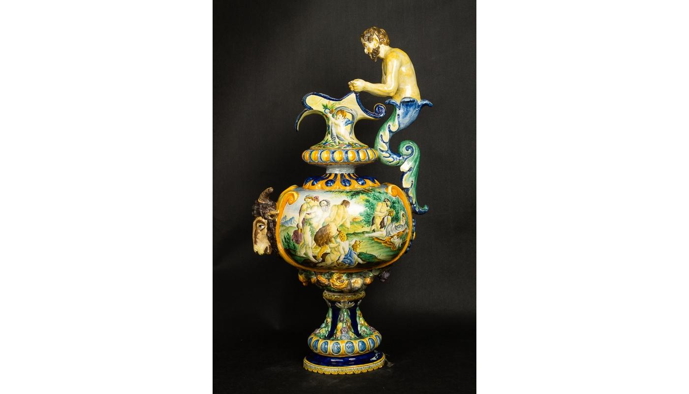 Hand-Painted Monumental Renaissance Revival Vase Majolica Italy 19th Century Hand Painted