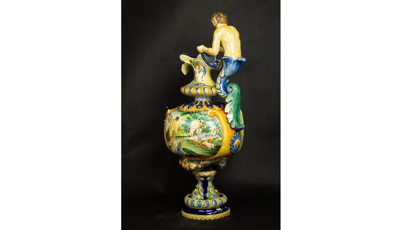 Monumental Renaissance Revival Vase Majolica Italy 19th Century Hand Painted In Good Condition In Liverpool, GB