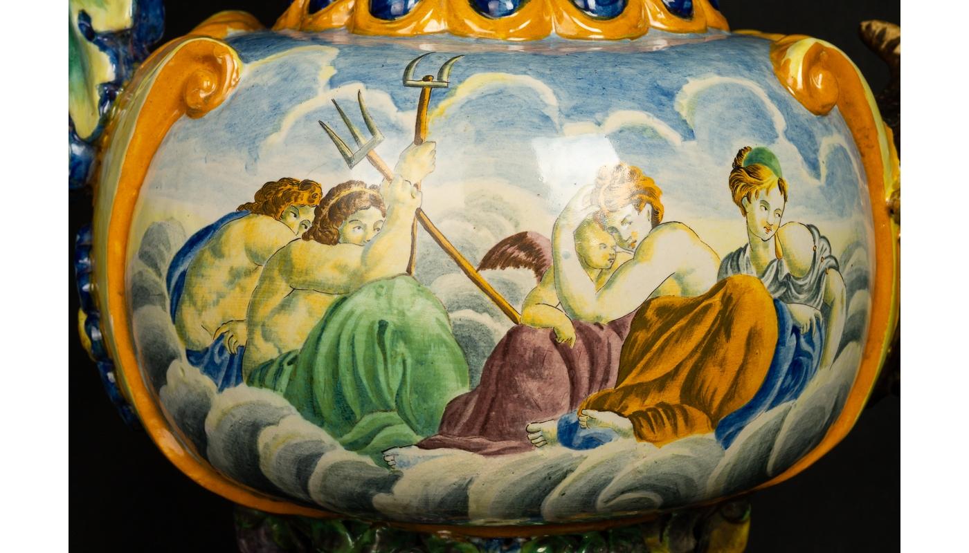 Monumental Renaissance Revival Vase Majolica Italy 19th Century Hand Painted 3