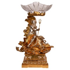 Used Monumental Silvered and Gilt-Bronze Glass Centerpiece of "Poseidon"