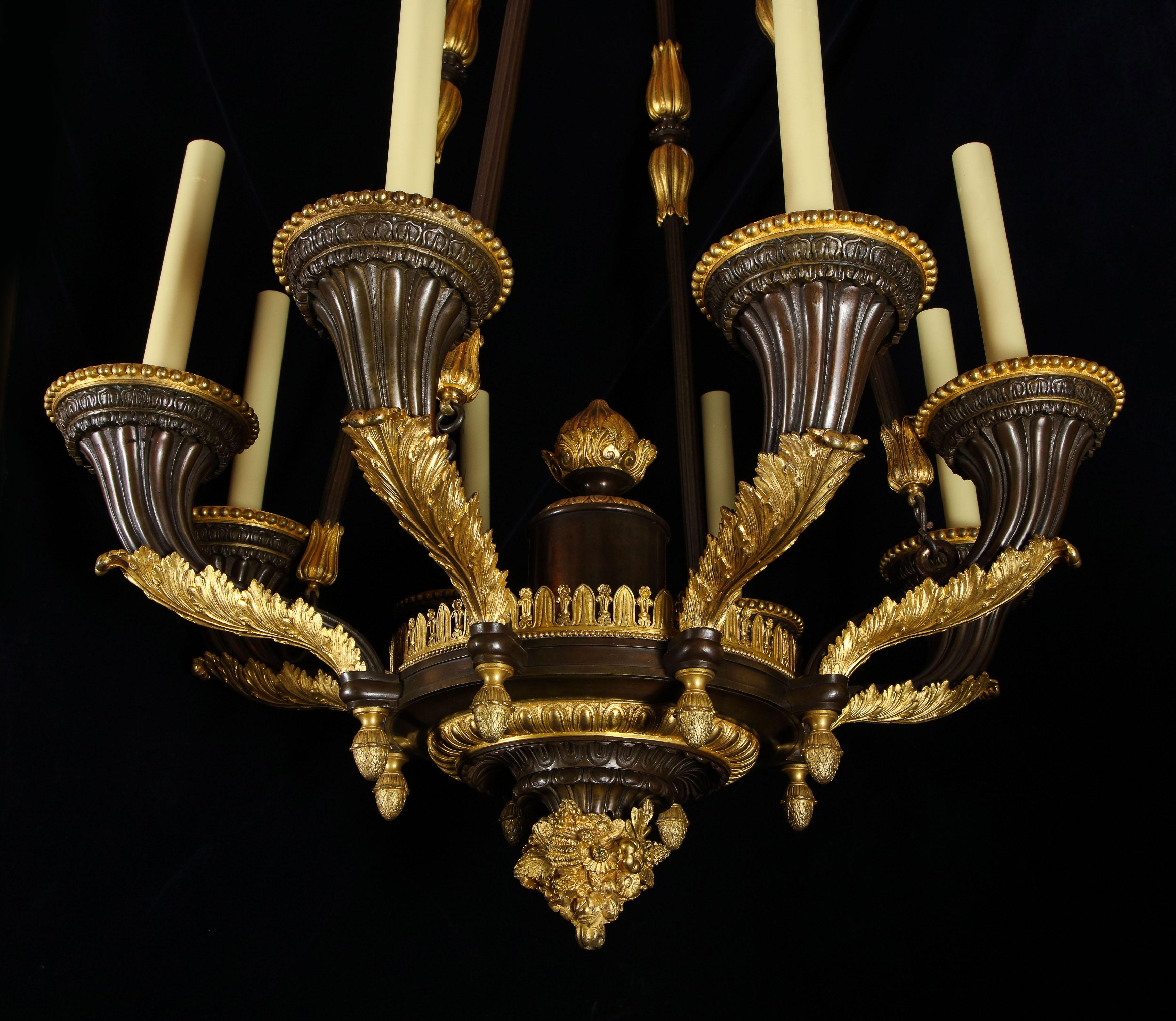 Monumental Unique Antique French Empire Gilt and Patinated Bronze Chandelier 5