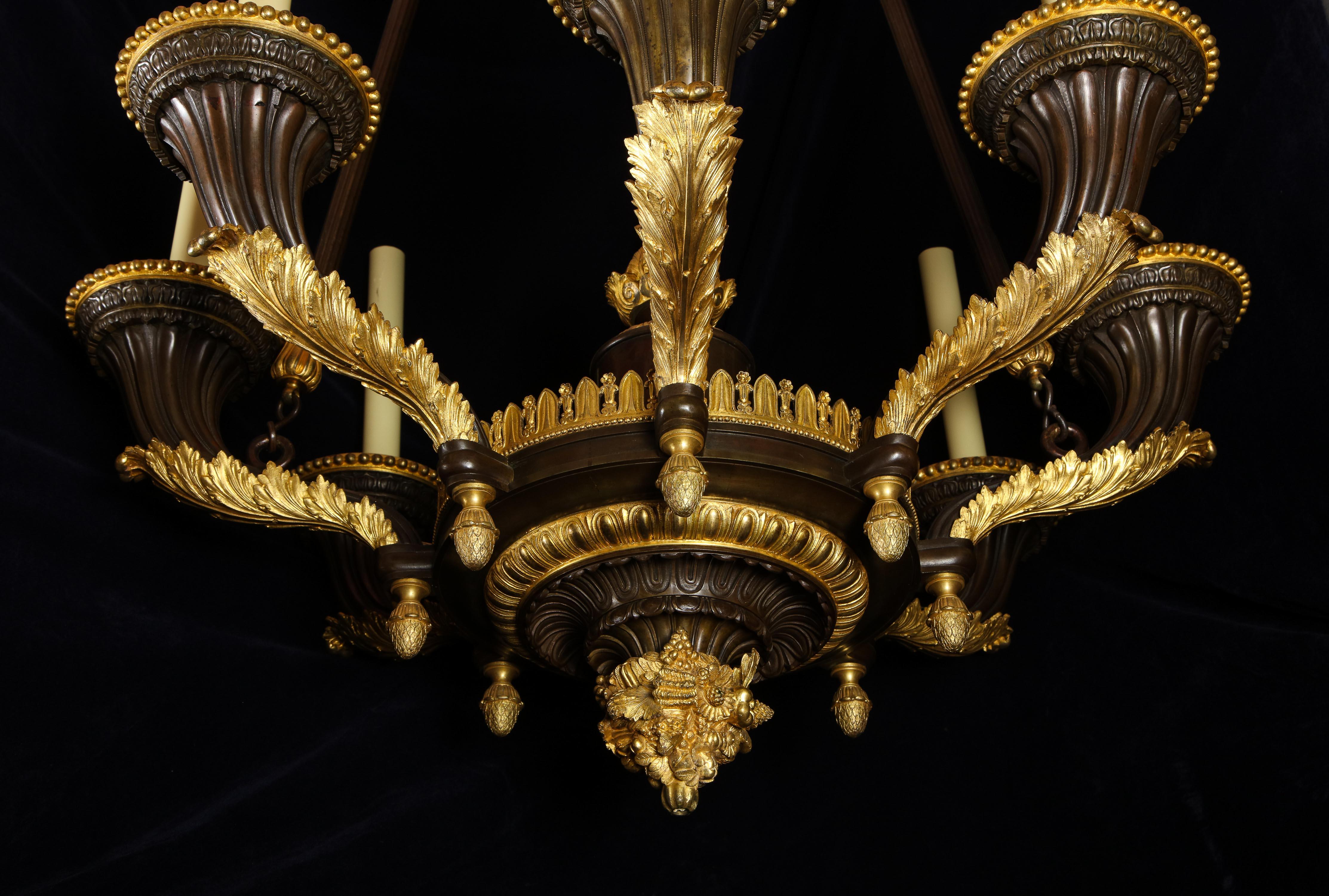 Monumental Unique Antique French Empire Gilt and Patinated Bronze Chandelier In Good Condition In New York, NY