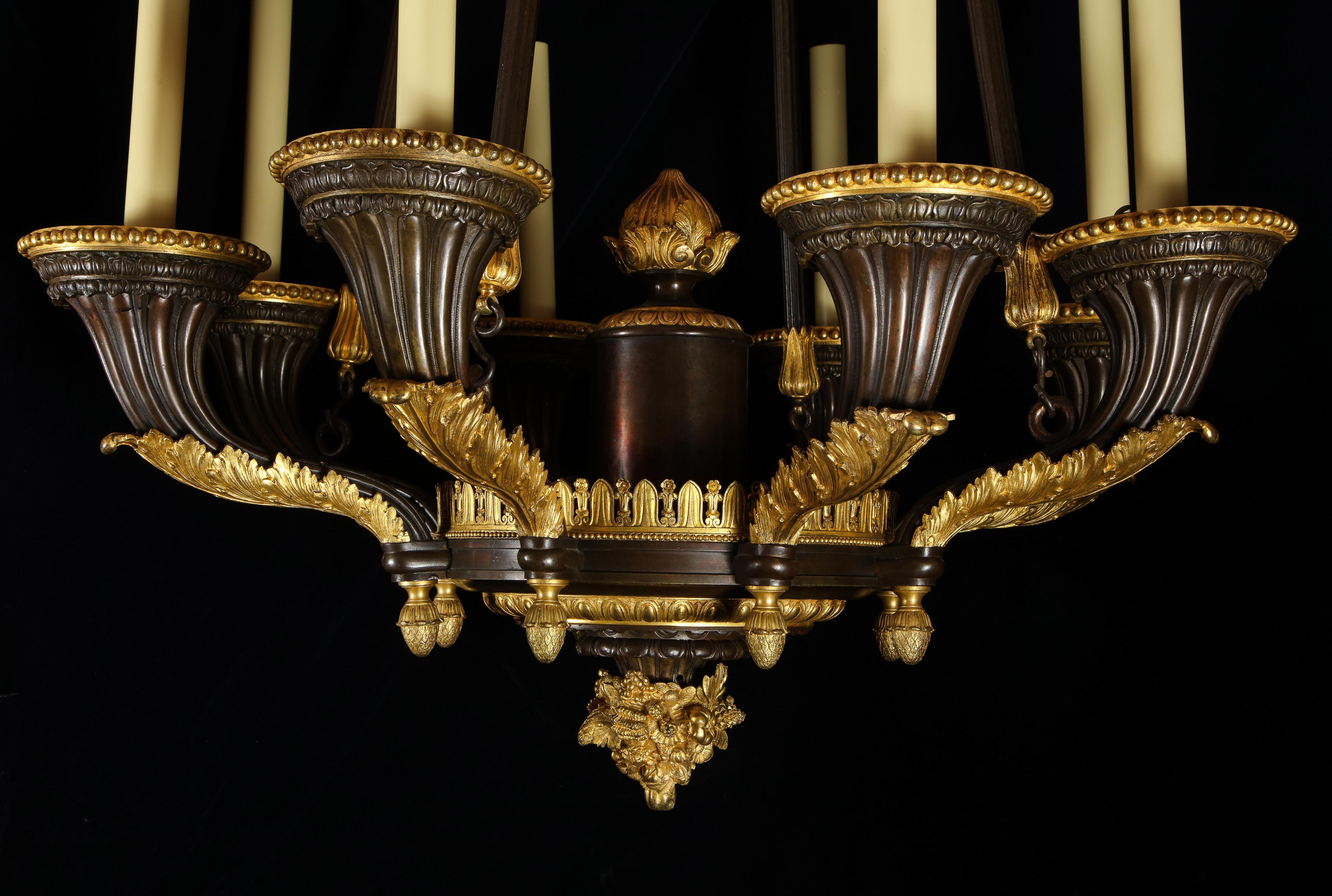 Monumental Unique Antique French Empire Gilt and Patinated Bronze Chandelier 4