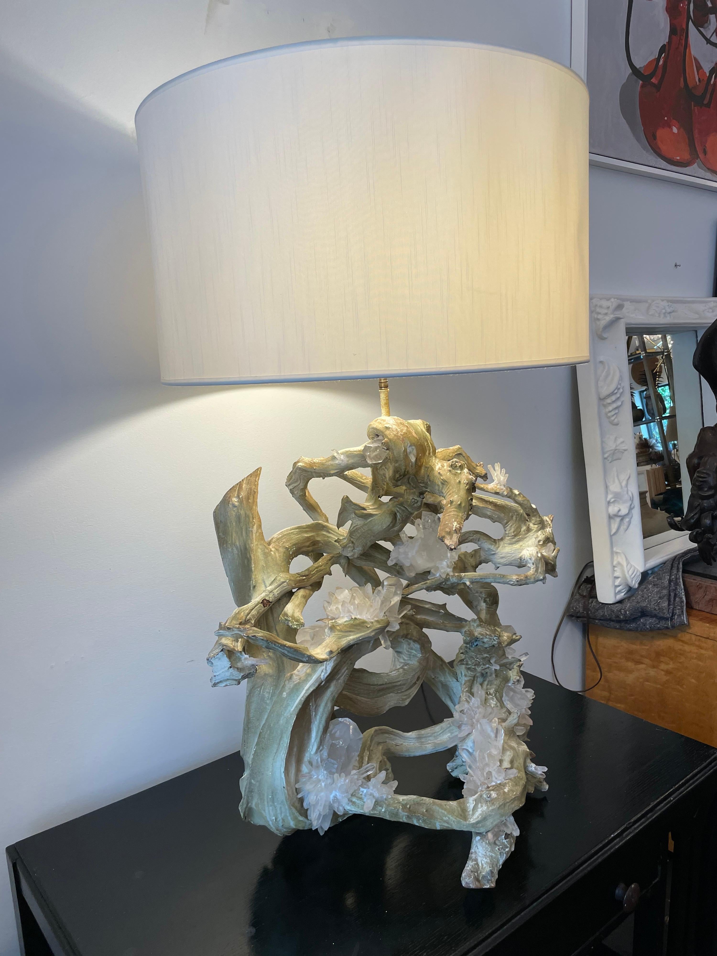 Mid-Century Modern Monumental Vintage Driftwood Lamp with Natural Rock Crystal Details