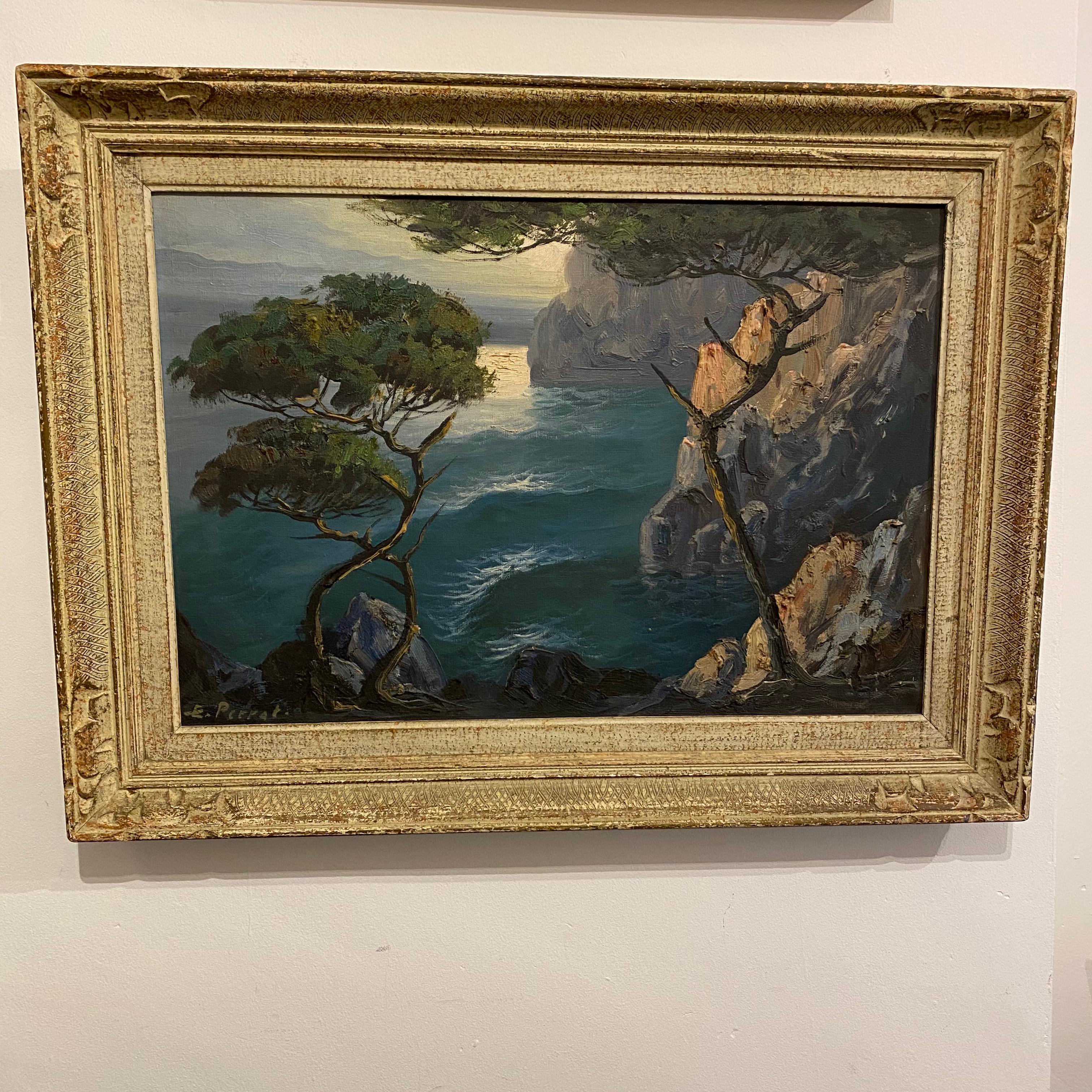 A nicely compiled moonlit coastal landscape. Oil on canvas with good colors and nicely framed. Highly decorative. Signed E Perrat/Perret, maybe Edouard Perret? We love the trees in the foreground, the rock formation and the moon dappled