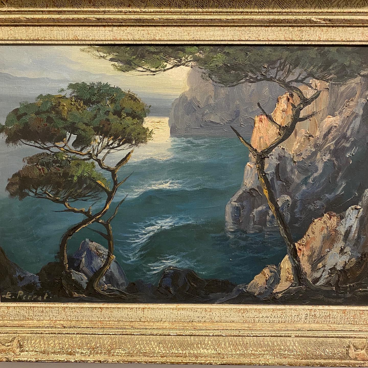 Mid-20th Century Moonlit Coastal Landscape Oil Painting